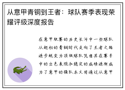 从意甲青铜到王者：球队赛季表现荣耀评级深度报告