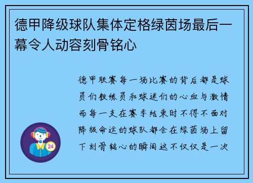 德甲降级球队集体定格绿茵场最后一幕令人动容刻骨铭心