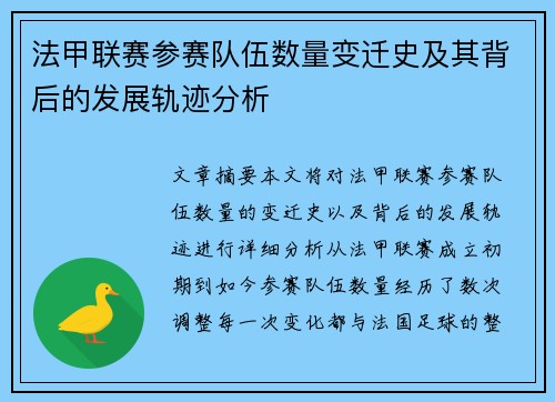 法甲联赛参赛队伍数量变迁史及其背后的发展轨迹分析